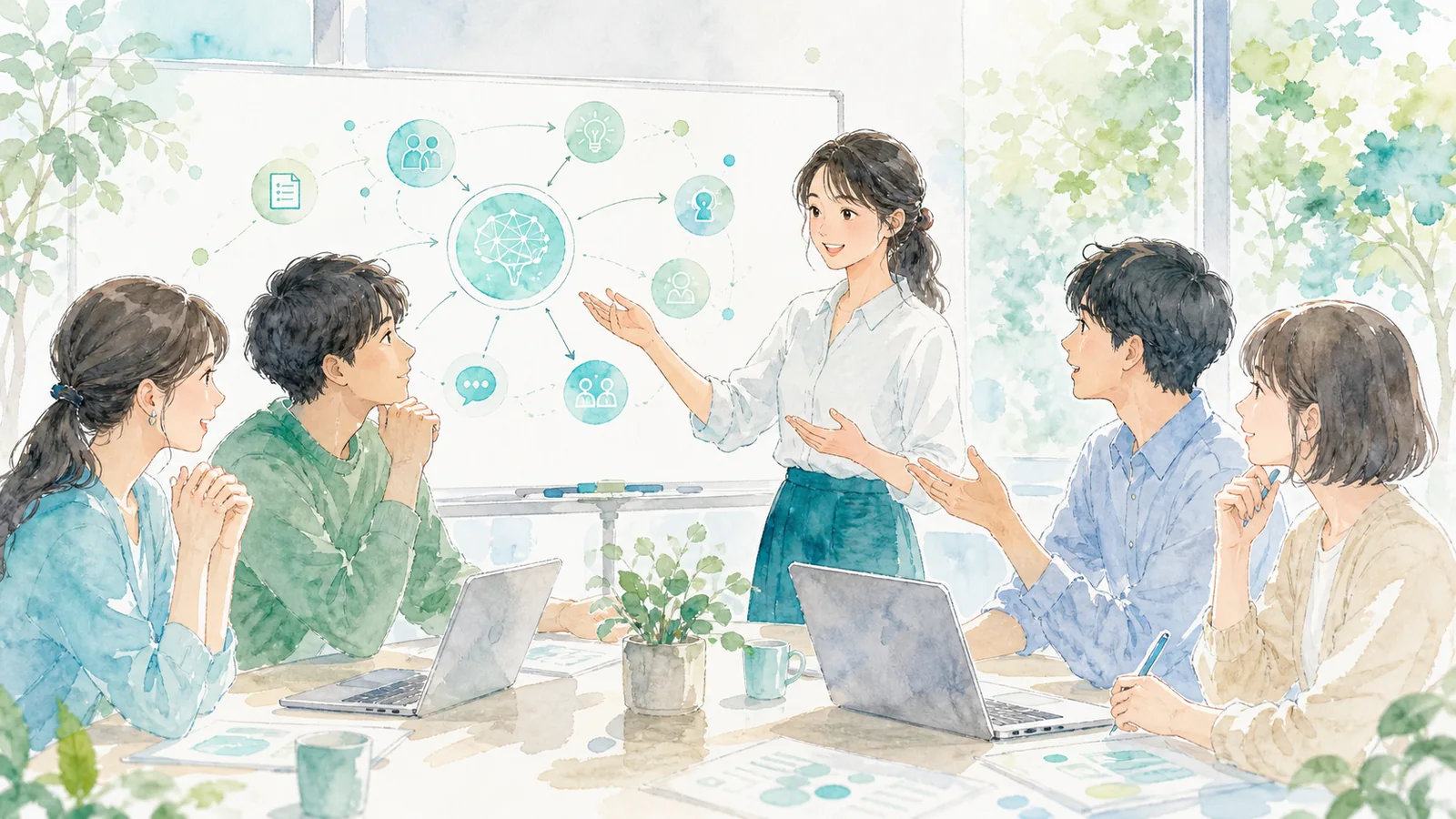 エンジニアがAI時代のコミュニケーションについて議論している水彩イラスト