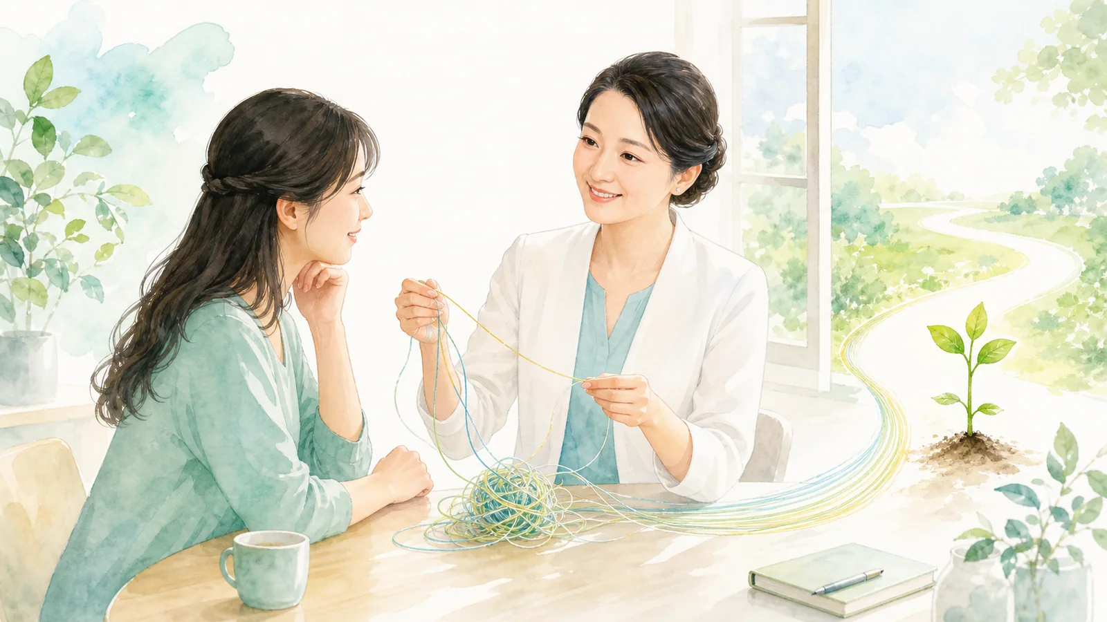 カウンセラーと相談者が絡まった糸をほどく水彩イラスト