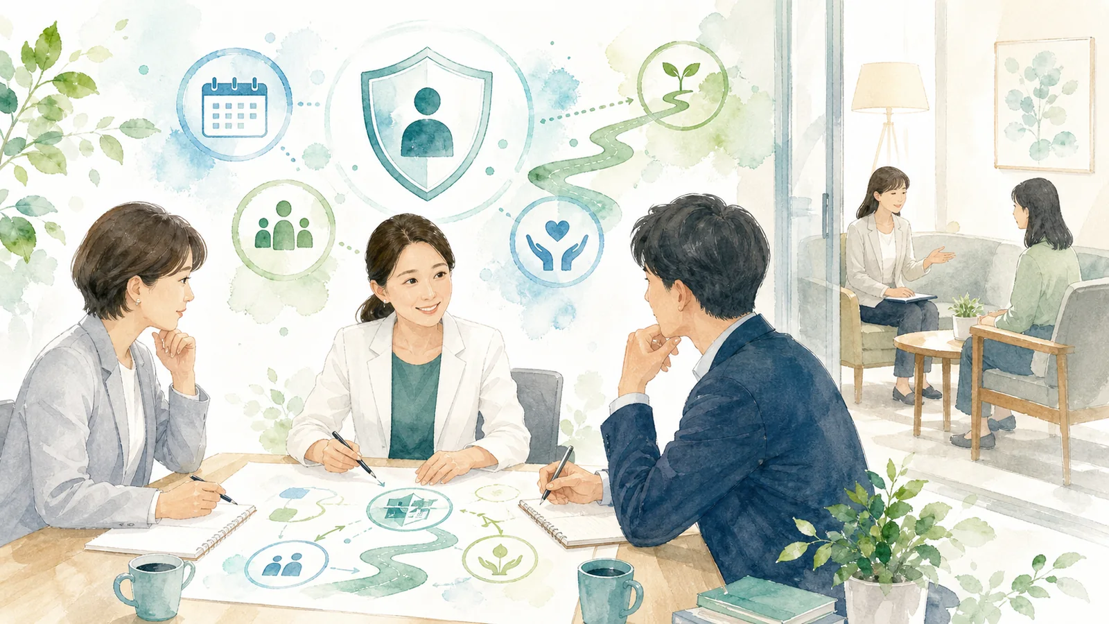 人事担当者と外部カウンセラーが法人内相談の流れを設計している水彩イラスト