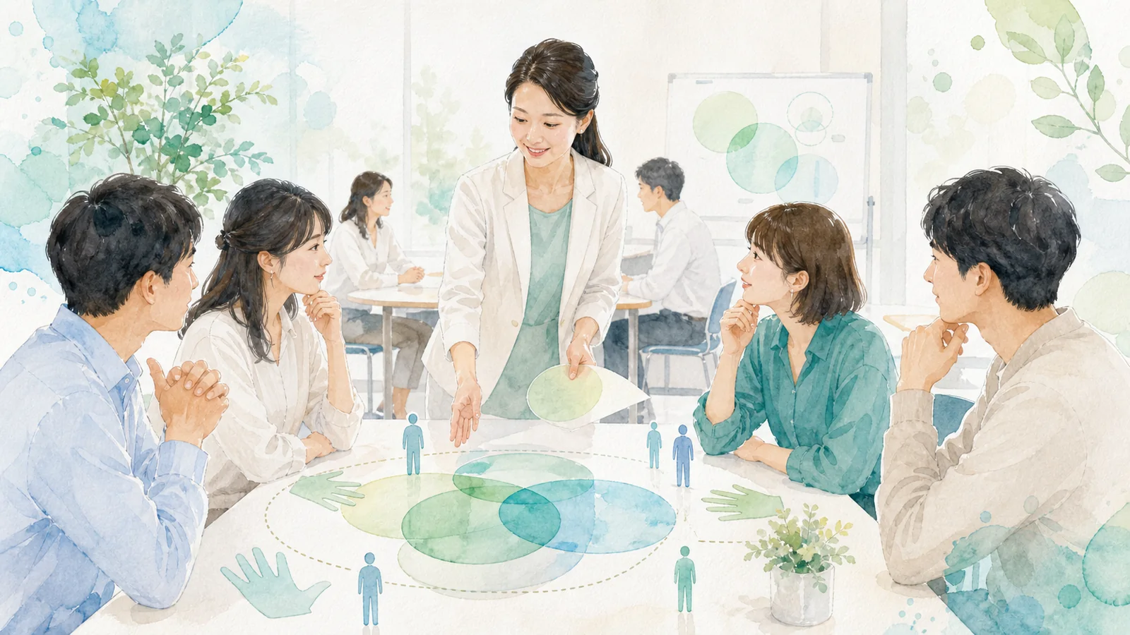職場研修で境界線と同意を学ぶ人たちの水彩イラスト