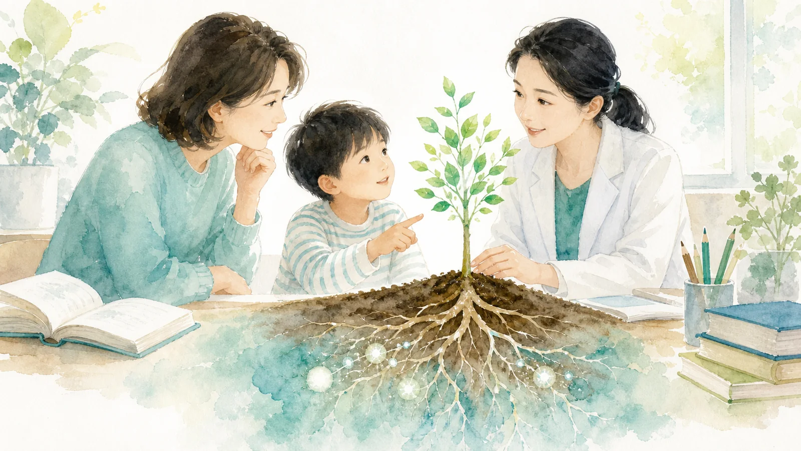 親子と伴走者が根のある小さな木を見ながら学ぶ土台を考える水彩イラスト