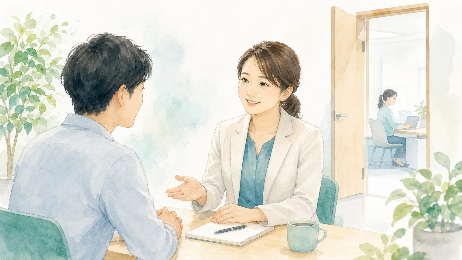 管理職が社員に落ち着いて声をかけているラインケア研修の水彩イラスト