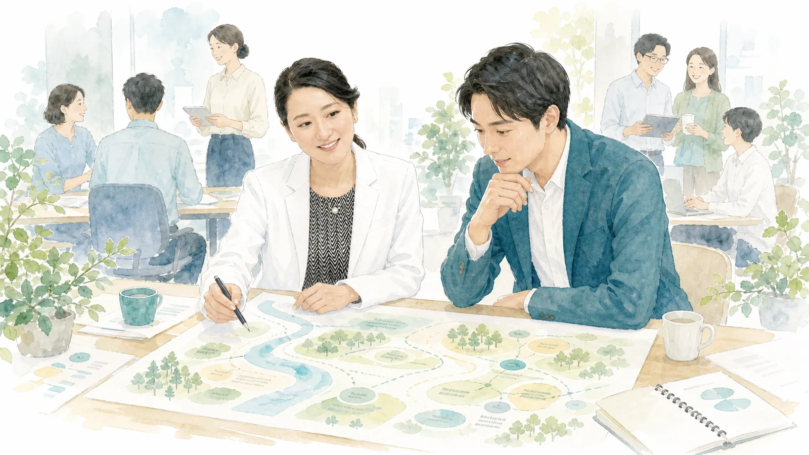 人事担当者と管理職が職場のメンタルヘルス支援を整理している水彩イラスト