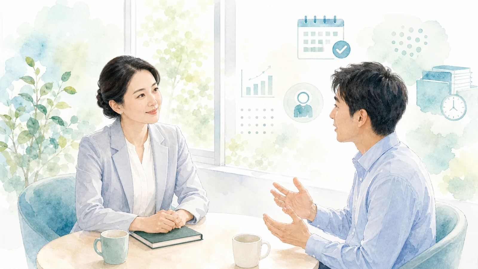 管理職と社員が窓辺で落ち着いて1on1をしている水彩イラスト
