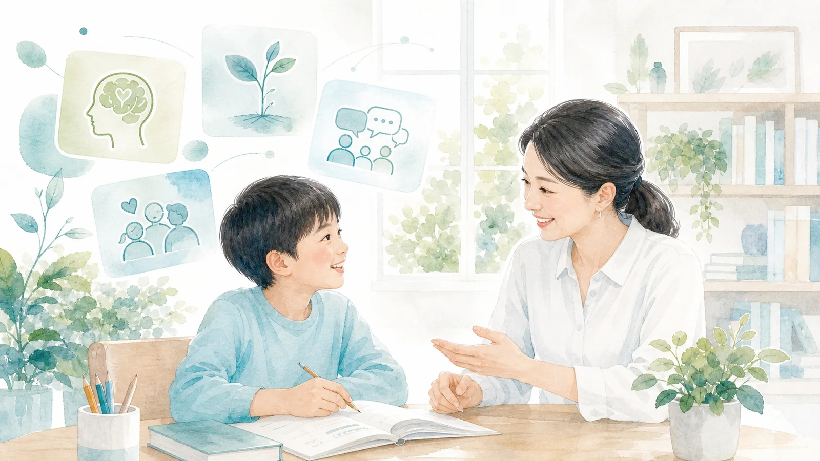 家庭学習中の親子が落ち着いて話している水彩イラスト