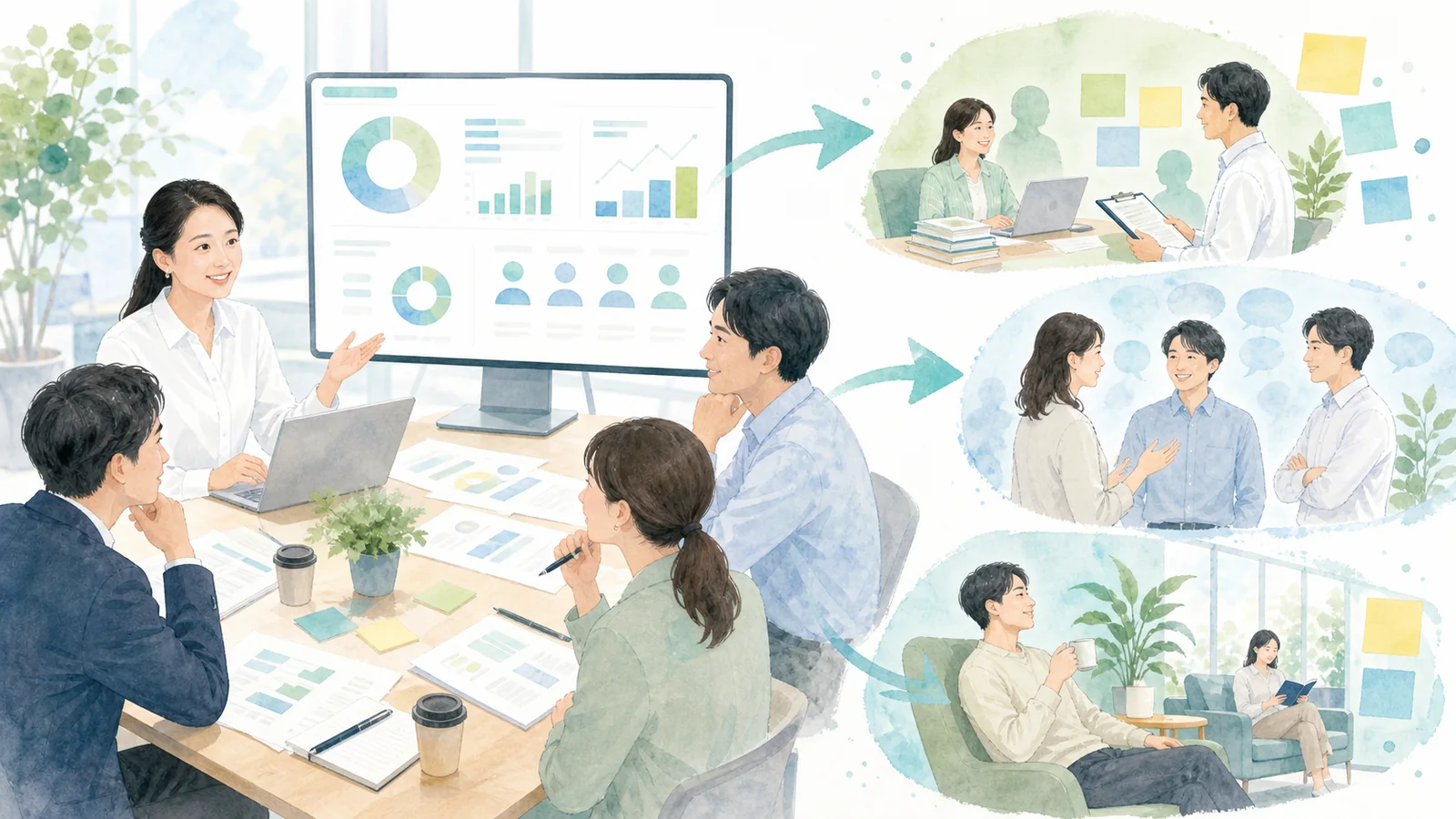 ストレスチェックの結果を職場改善につなげる人事と管理職の水彩イラスト