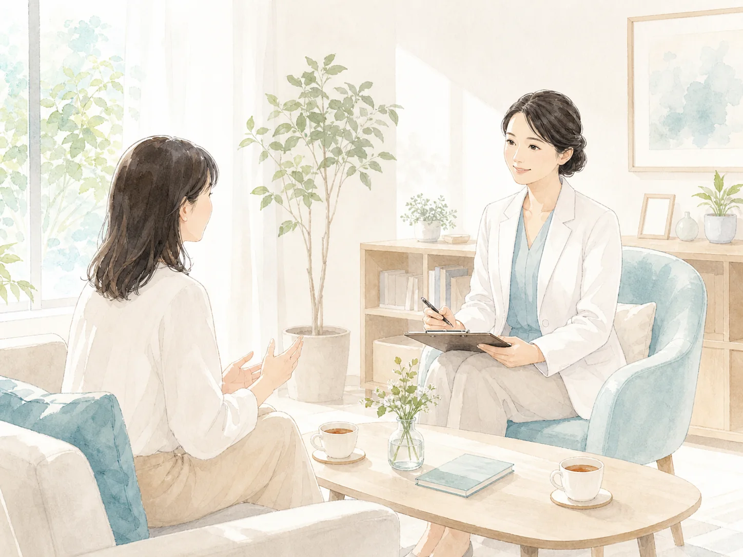 明るい相談室で心理専門職と相談者が落ち着いて対話しているイラスト