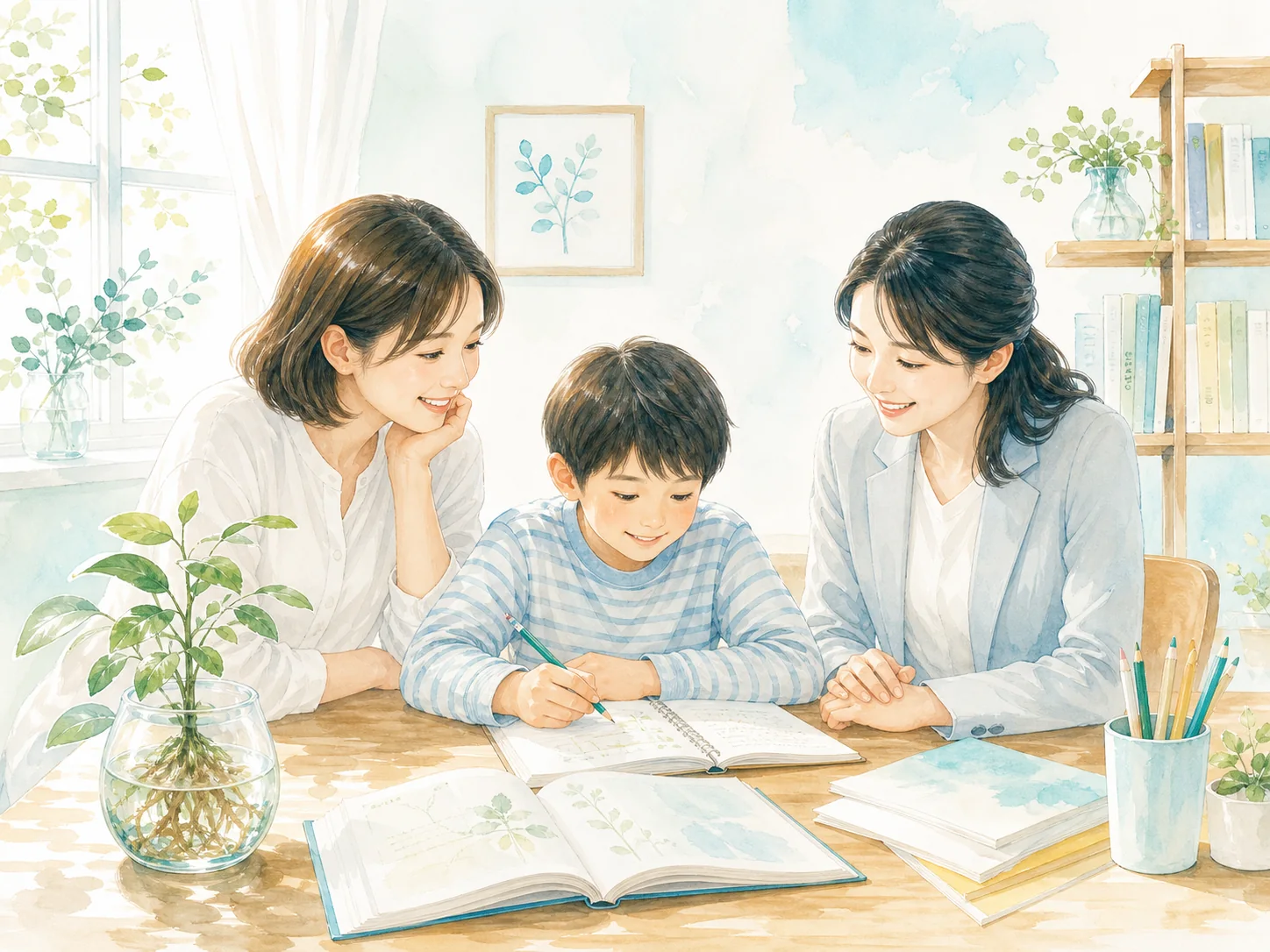 親子が家庭学習を落ち着いて振り返り、学ぶ土台を整えているイラスト