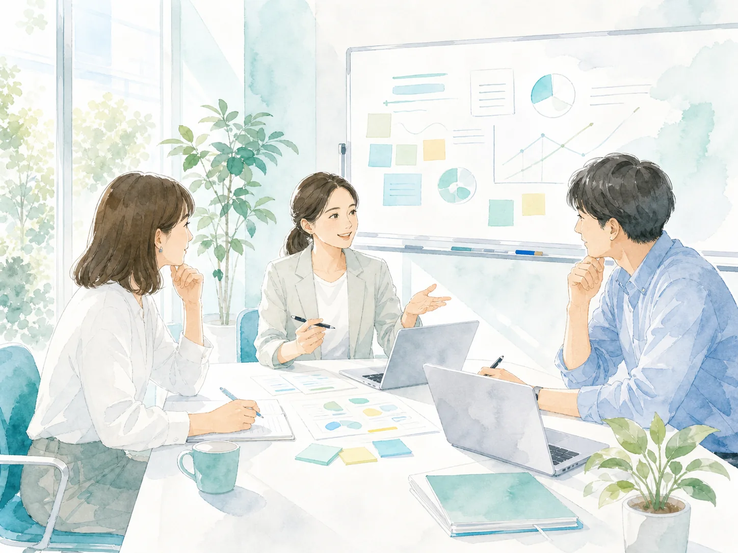 人事担当者、管理職、心理専門職が法人研修のテーマを整理しているイラスト